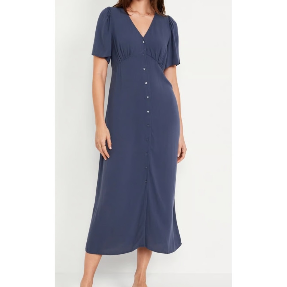 Old Navy Babydoll Midi Dress Medium Button Front Cottage Preppy Coastal Nautical